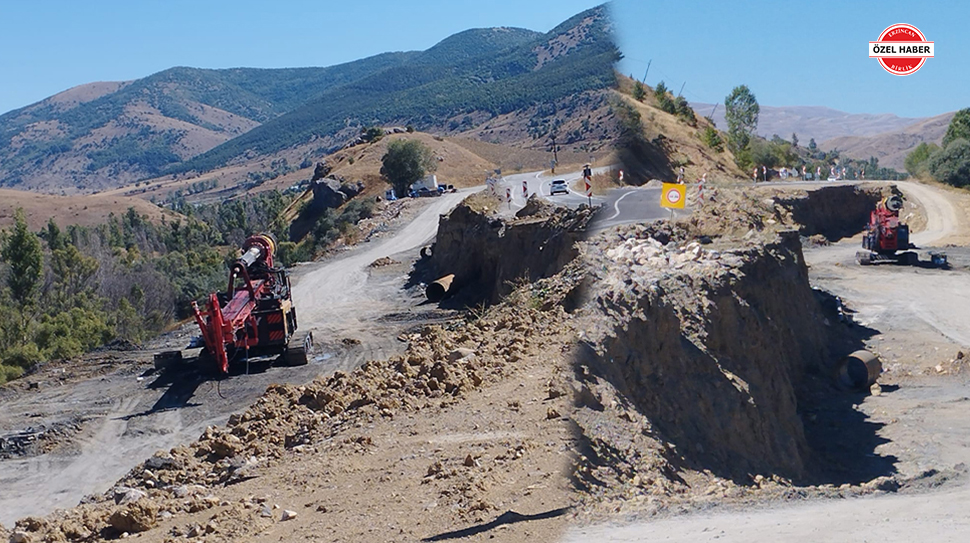 Balkaya Köyü mevkiinde toprak kayması nedeniyle çöken Kelkit-Erzincan Karayolu’nda, Karayolları