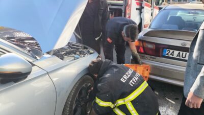 Erzincan’da otomobilin motor kısmına girip sıkışan yavru kedi, itfaiye ekiplerince