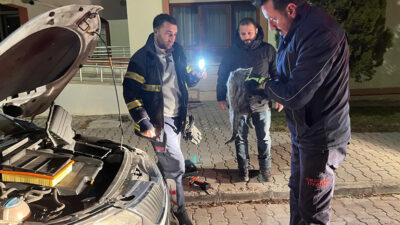 Erzincan’da bir aracın motor kısmına sıkışan kedi, itfaiye ekipleri tarafından